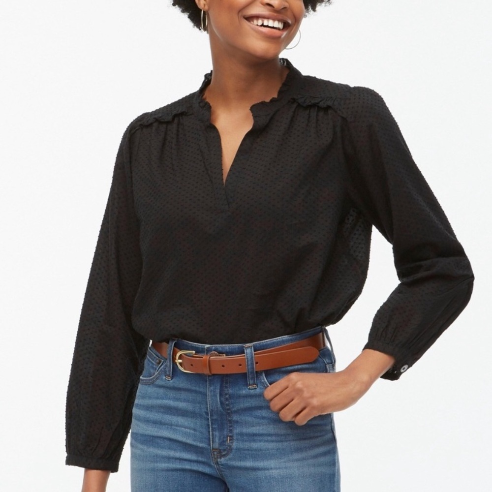 J Crew Popover Ruffle Top in Swiss Dot Black